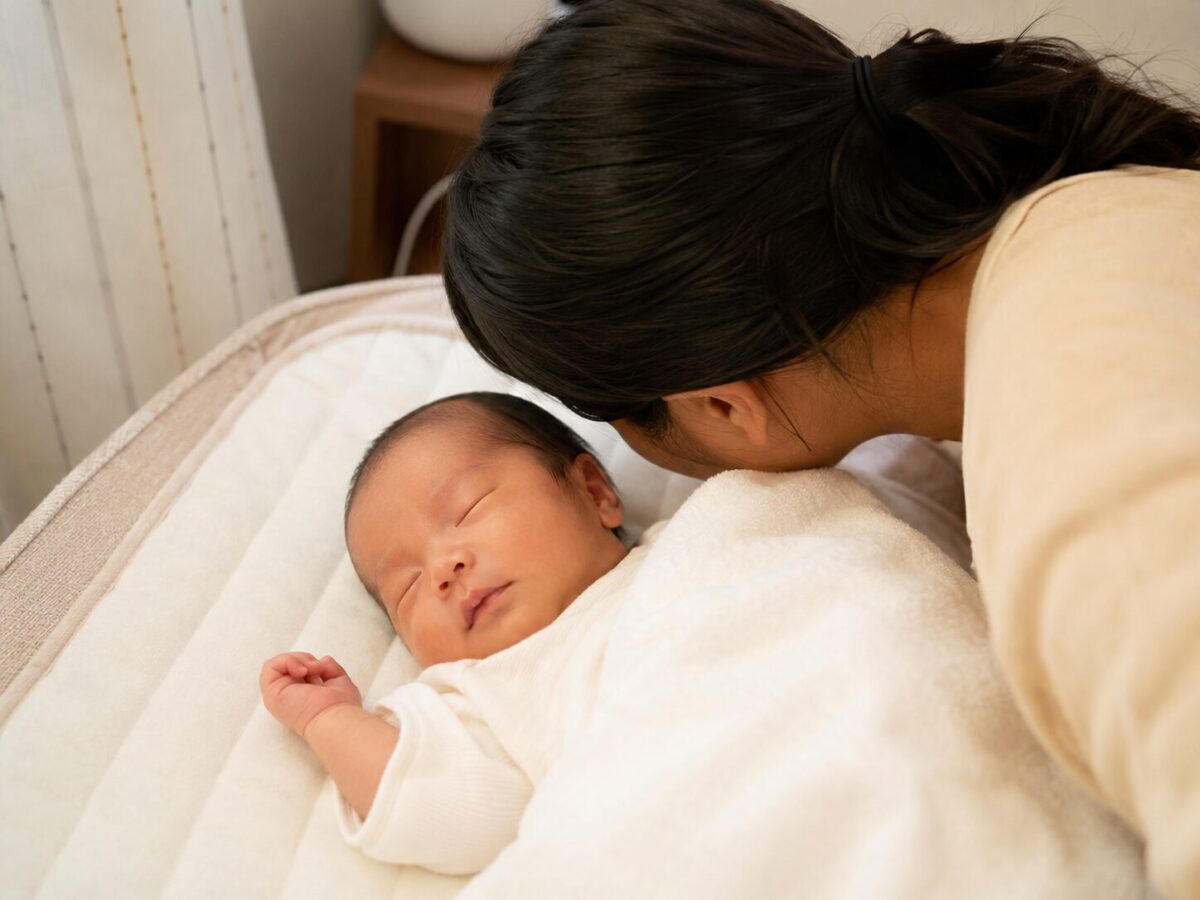 寝ている新生児の呼吸を確認するために口元に耳を近づけている様子